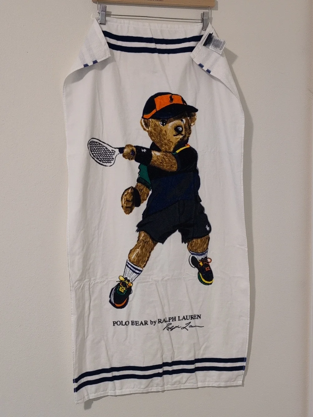 Ralph Lauren White Towel with Embroidered Tennis Bear in Navy and Orange